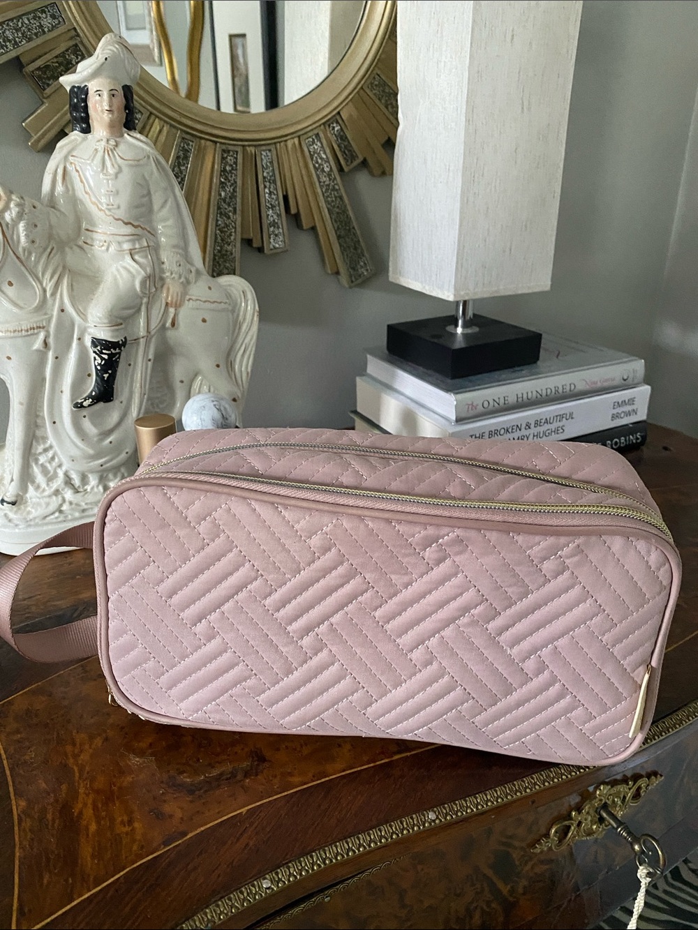 BAGSMART Quilted Travel Makeup Bag - Cosmetic Organizer Dusty Pink